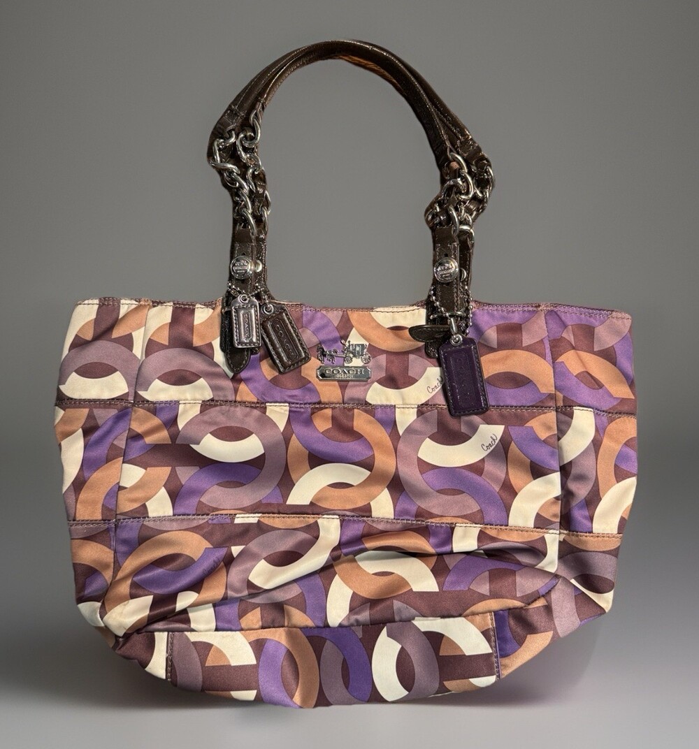 Authentic COACH Madison Chainlink Op Art Tote Purple Khaki Handbag 15549 -3 Tags